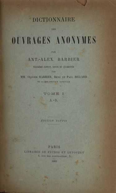 null BARBIER (Ant.-Alex.). Dictionnaire des ouvrages anonymes. Troisième édition…...