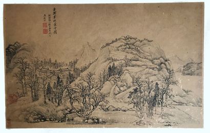 null CHINE
Paysages 
Suite de trois estampes sur papier brun - en feuille 
Cachets...
