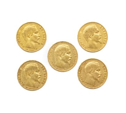 null Lot de 5 pièces de 20 francs or Napoléon III
Poids : 20,7 g.