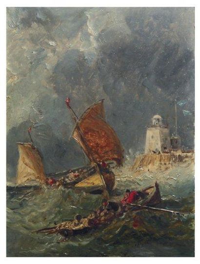 Jules NOËL (1810-1881) Barque et voiliers en mer Huile sur panneau signé en bas à...
