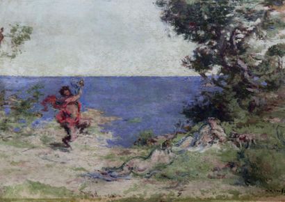 Ker-Xavier ROUSSEL (1867-1944) Faune et nu sur la plage Huile sur carton signé en...