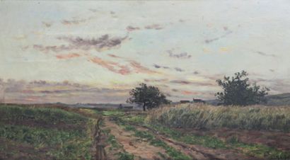 Hippolyte-Camille DELPY(1842-1910) Chemin en campagne Huile sur panneau signé en...