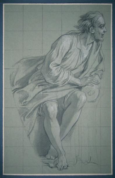 CHARLES-ANTOINE COYPEL (1694-1752) Etude de figure attablée Pierre noire et estompe,...