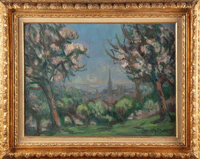 null Aline LE MOUTON (1892-1971)
View of Rouen and apple trees in blossom 
Oil on...