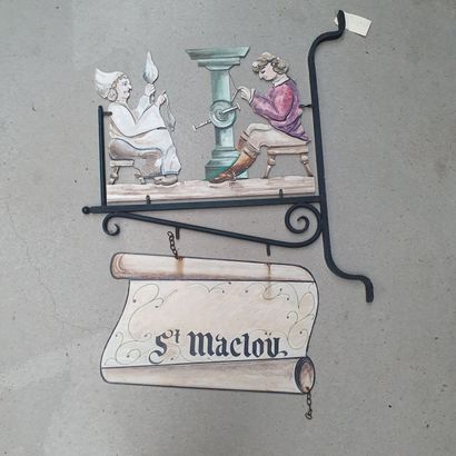 null Spinning mill sign, in painted metal depicting a man and woman making yarn,...