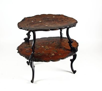 null Two-top tea table in veneered wood with engraved decoration and burgo inlays...