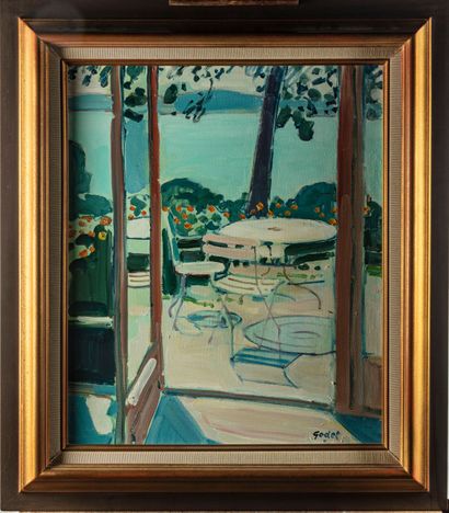 null Pierre GODET (1940-2023) 
Summer terrace by Lake Annecy 
Oil on canvas, signed...