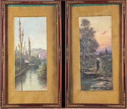 null Alfred DE KNYFF (1819-1885)
Country landscape 
Pair of oils on panel, monogrammed.
32.5...