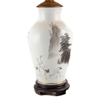 null CHINA REPUBLIC. 
Porcelain vase mounted as a lamp, decorated with cranes and...
