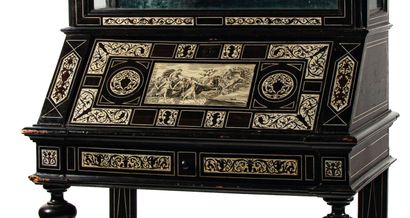 null Blackened wood and ebony veneered secrétaire-vitrine richly decorated with inlaid...