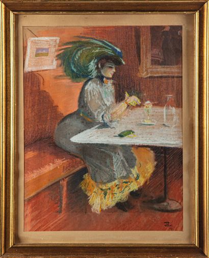 null early 20th century french school 
Woman with hat sitting in a bistro 
Pastel,...