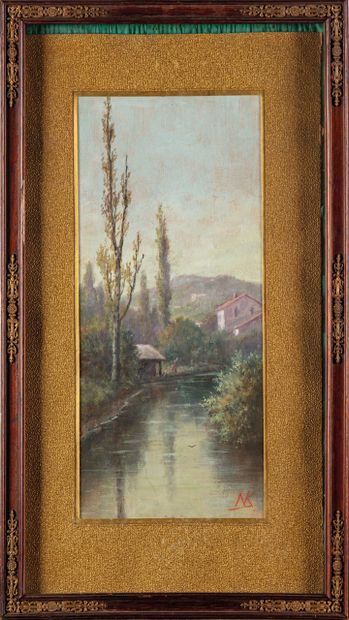 null Alfred DE KNYFF (1819-1885)
Country landscape 
Pair of oils on panel, monogrammed.
32.5...