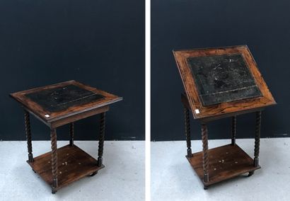 null Small veneered console table with flower inlay decoration. Square leather-covered...