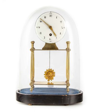 null Gilt bronze semi-skeleton portico clock, the enamelled dial resting on four...