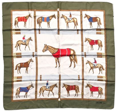 null CELINE - PARIS
Foulard en soie imprimée à motifs de jockeys et chevaux 
Petites...