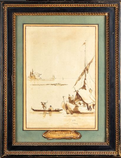 null Giacomo GUARDI (1764-1835)
Barque et gondole sur la lagune
Plume et encre brune,...