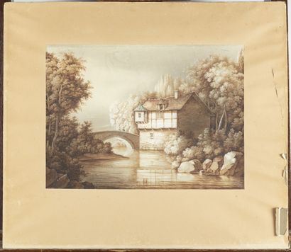 null L. J. PINGRAY (actif vers 1835)
Bord de rivière 
Aquarelle signée en bas à gauche...