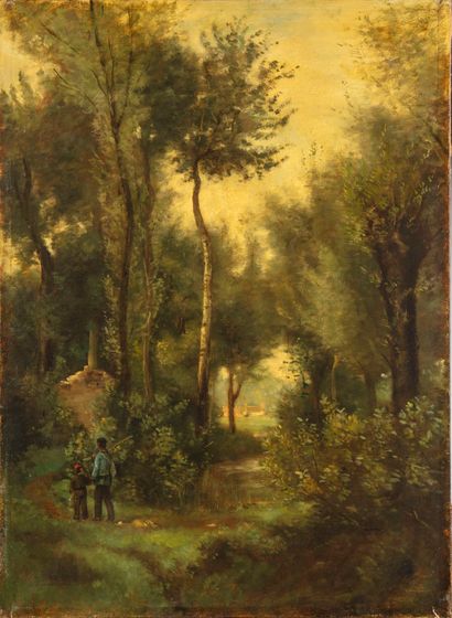 null ECOLE DE BARBIZON XIXe - Suiveur de Corot
Pêcheur en forêt
Huile sur toile
59...