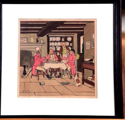 Harry Eliott (1882-1959) Le dîner de chasse Pochoir en couleur encadré 22 x 22 c...
