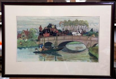 Harry Eliott (1882-1959) La Traversée du Pont Gravure en couleur encadrée 30 x 51...
