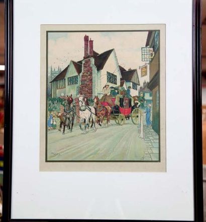 Harry Eliott (1882-1959) La traversée du village en calèche Gravure 38 x 32 cm