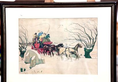 Harry Eliott (1882-1959) En calèche sous la neige Pochoir en couleur encadré 25 x...