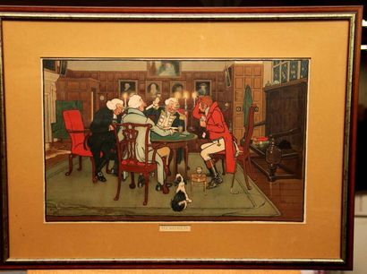 Cécil ALDIN (1870-1935) Partie de cartes: la Renonce Gravure en couleur encadrée...