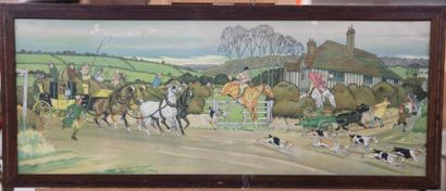 Harry Eliott (1882-1959) La calèche croise la chasse Pochoir en couleur encadré 23,5...