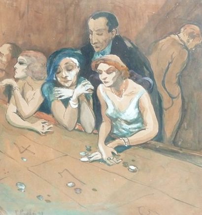 null Fred PAILHES (1902-1991) Joueurs au casino, 1938.Aquarelle gouachée signée et...