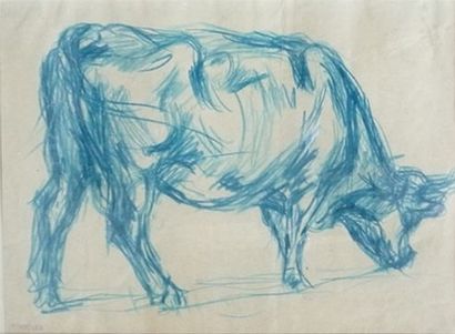 null Paul RENOUARD (1845-1924) 	Vache. 	Crayon bleu portant le cachet en bas à gauche....