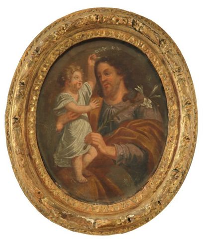  Ecole FRANCAISE vers 1700 
Saint Joseph et l'Enfant Jésus 
Toile ovale 
40 x 32...
