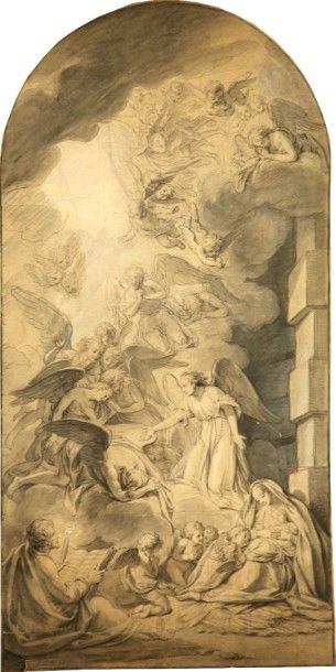  Charles-Antoine COYPEL (1694-1752) 
L’adoration des Anges 
Pierre noire, lavis gris...