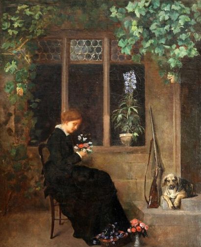  ECOLE FRANCAISE du XIXème siècle. La femme au bouquet de fleurs. Huile sur toile....
