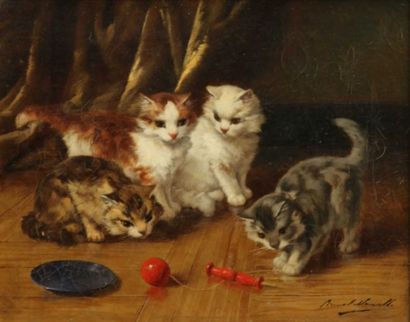  A. BRUNEL de NEUVILLE (1852-1941) " Les chatons au bilboquet ". Huile sur toile...