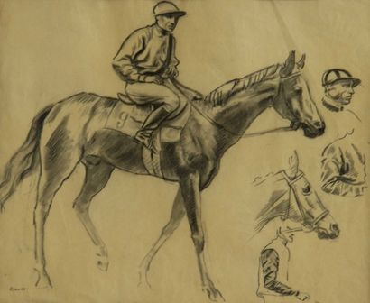 null Camille P. LIAUSU (1894 - 1975) " Cheval et cavalier ". Crayon signé en bas...