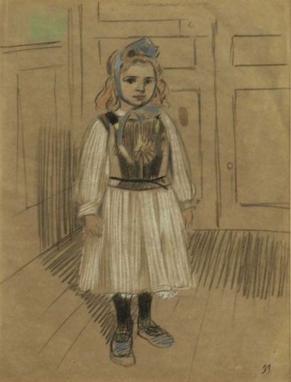 null René HERMANN-PAUL (1864-1940) 	Fillette en pied, 1899. 	Fusain et crayons de...