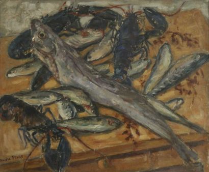 null André FRAYE (1887 - 1963). Nature morte aux poissons. Huile sur toile. Signé...