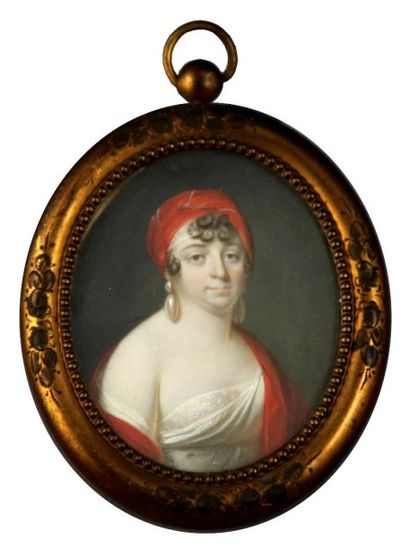  Ecole FRANCAISE vers 1800 
Portrait de femme au bonnet de linon 
Ivoire circulaire...