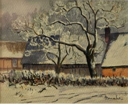 null Albert MALET (1905-1986) Maison sur le chemin enneigé. Aquarelle signée en bas...