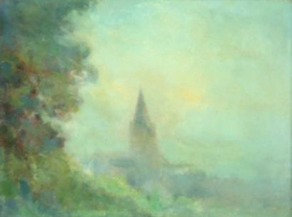 null Maurice LOUVRIER (1878- 1954). L'église de la Bouille. Huile sur carton non...