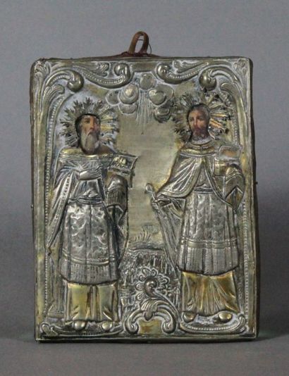 null Icône présentant 2 saints entourage riza en métal argenté. Russie époque XIXème....