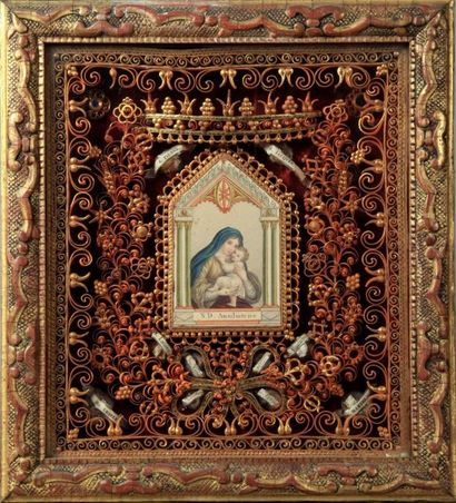 null Reliquaire du XIXème siècle avec une lithographie en couleurs représentant Notre-Dame...