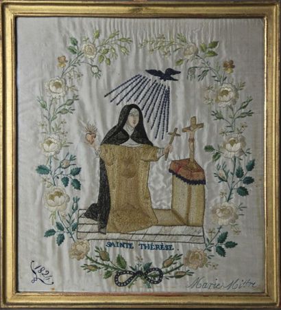 null Sainte Thérèse d'Avila par Marie Mittre, 1824. Broderie sur fond de soie blanche,...