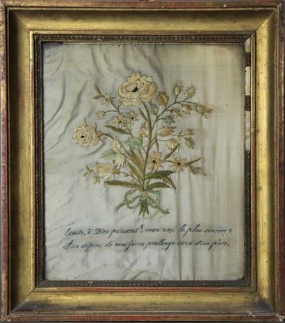 null Peinture à l'aiguille début XIXème siècle Bouquet de roses brodé sur soie. "Ecoute,...