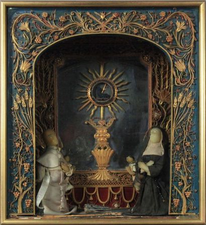 null Boîte à fond bleu, avec deux personnages en cire : Ste Jeanne de Chantal et...