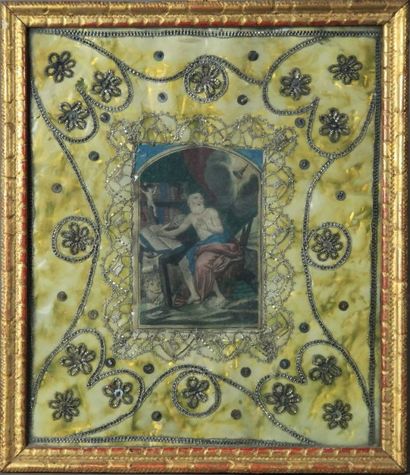 null Estampe sur vélin, coloriée, XVIIème siècle St Jérôme avec son lion. Broderie...