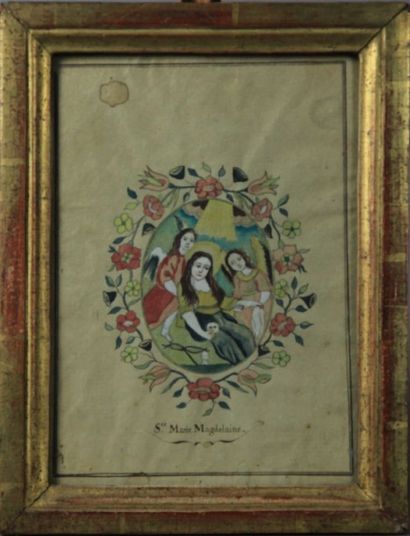 null Peinture sur vélin gouachée : Ste Marie-Madeleine, deux anges, entourage de...