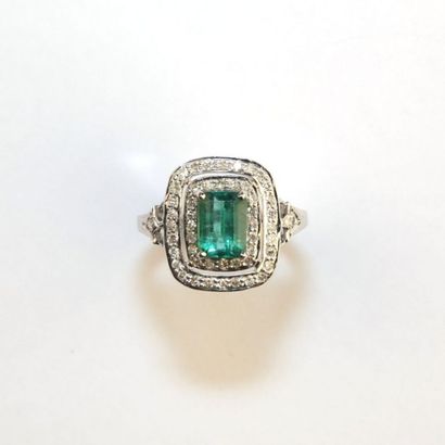 null Bague en or 14 K ornée d'une émeraude entourée d'un double rang de petits diamants....