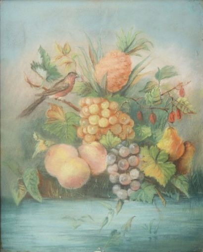 null Ecole française du XVIIIème, Nature morte aux fruits et au rouge-gorge, pastel,...
