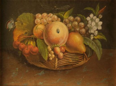 null Ecole française du XIXème, Nature morte aux fruits et au papillon, paire de...